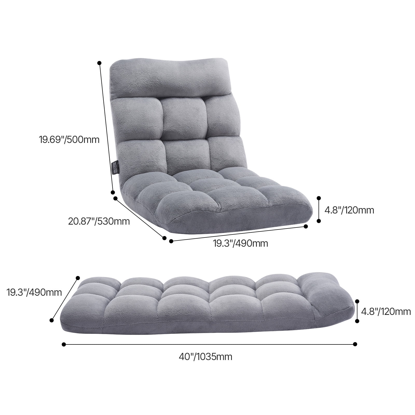 KFFKFF Floor Chair, Foldable Lounge Chair with 14-Position Adjustable, Lumbar Support, Reading Chair Perfect for Sleep, Reading, Gaming, Gray