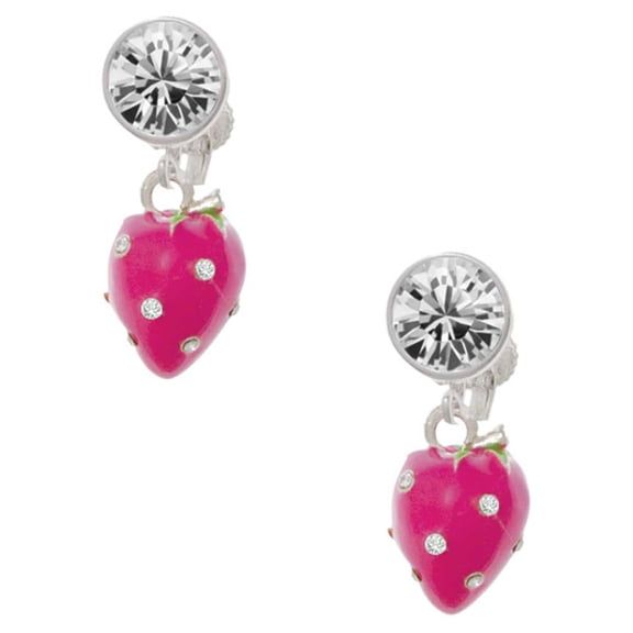 Silvertone Large 3-D Hot Pink Strawberry with Crystals Clear Crystal Clip On Earrings