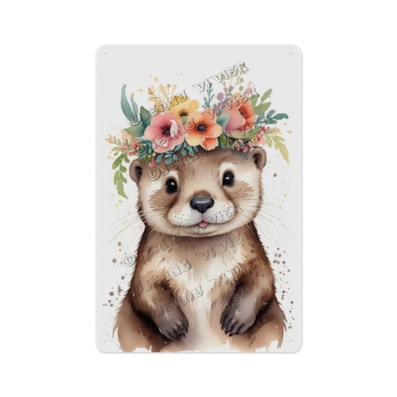 Flower Crown Otter Metal Sign – Cute and Nature-Inspired Wall Decor for Kid’s Room, Nursery, Girl’s Room, Playroom – A Fun Gift for Little Animal Lovers 8x12 inch