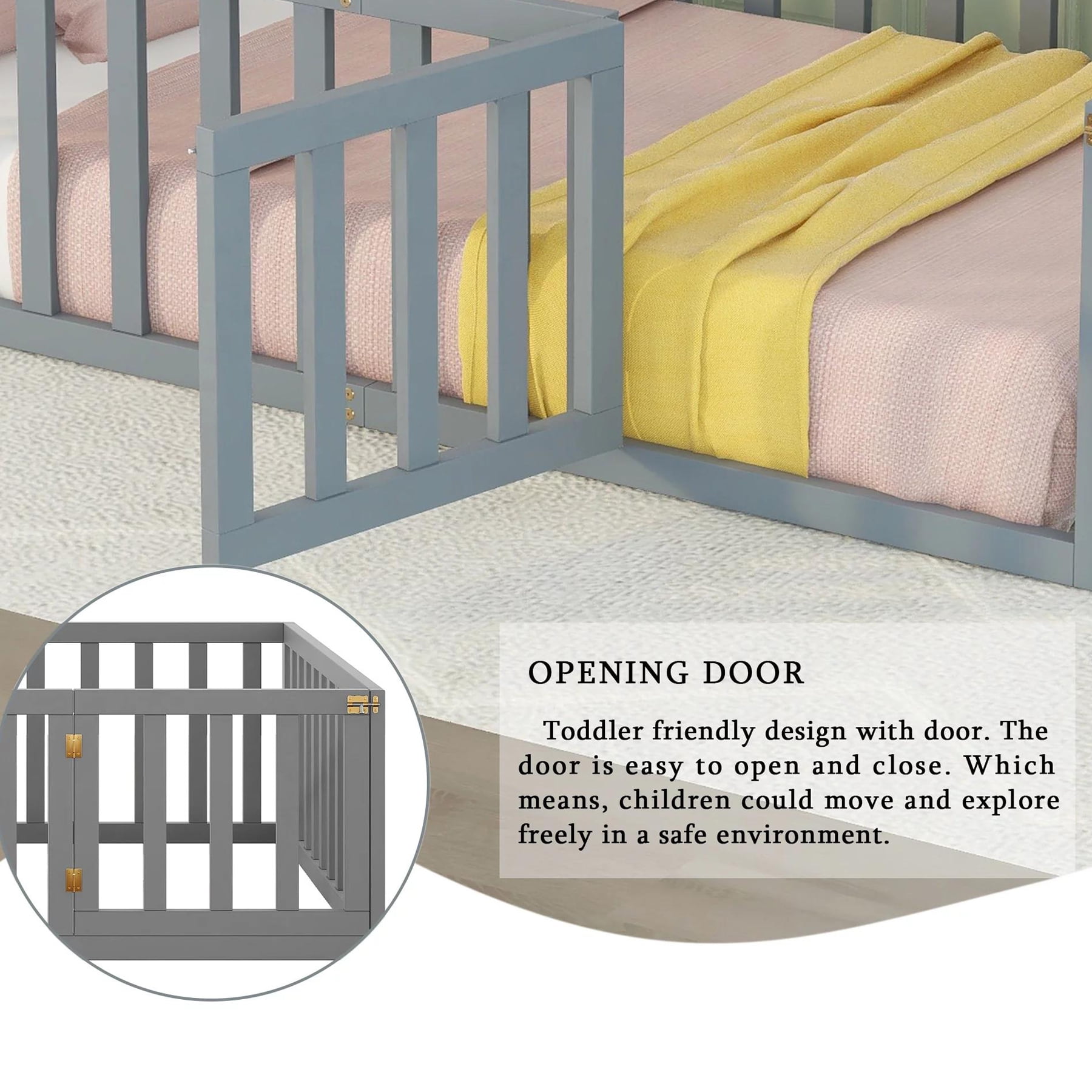 Gewnee Queen Size Toddler Floor Bed,Pine Wood Kids Floor Bed Frame with Fence and Door,Gray