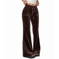 thumbnail image 2 of Velvet Pants Women Lounge Comfy Velour Flare Pants Casual Wide Leg High Waisted Drawstring with Pockets Brown S, 2 of 8