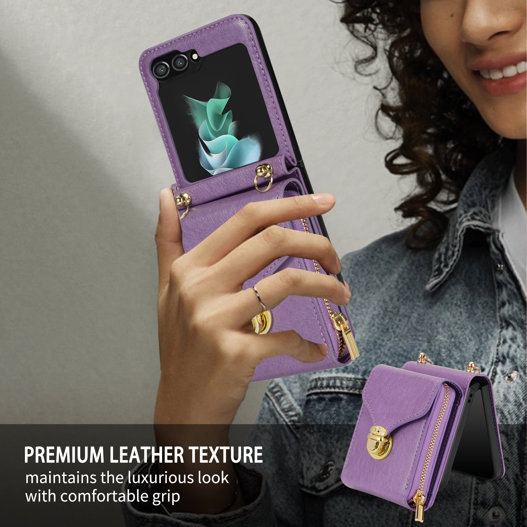 Handbag Wallet Case for Samsung Galaxy Z Flip 6 with Shoulder Strap, with Back Card Slots Holder PU Leather Magnetic Snap Zipper Flip Purse Shockproof Phone Cover for Galaxy Z Flip 6 - Purple