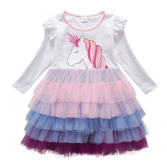 WIBACKER 3-8T Kids Girls Ruffles Long Sleeve Unicorn Princess Dresses Lace Rainbow Tutu Dresses