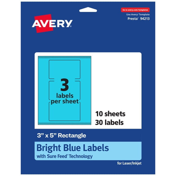 Avery Printable Rectangle Labels, Bright Blue, 3" x 5", 30ct