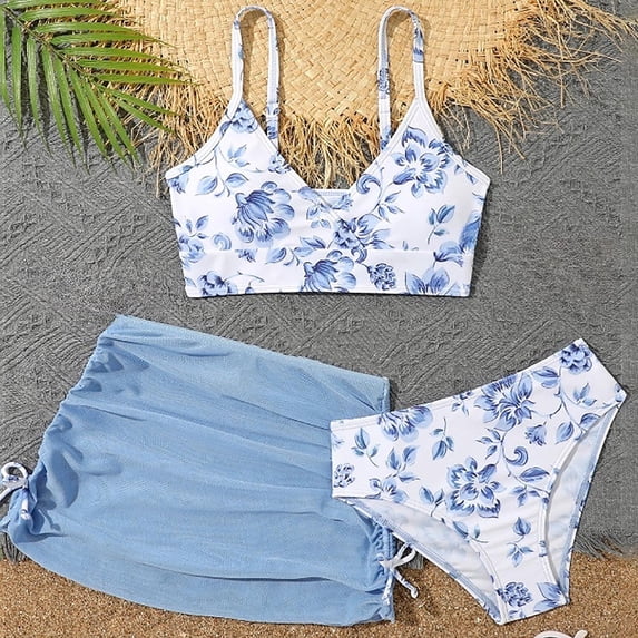 Girl's 3 Piece Bikini Bathing Suit Criss Crooss Swimsuits with Sport Shorts Cove up Sets Teen Girls Summer Beach Swimwear 8-16 Years Light Blue