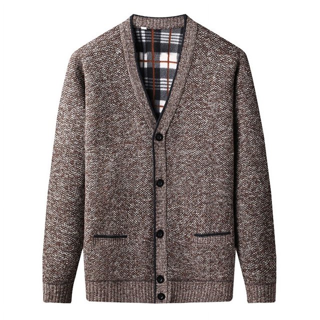 Suéter tipo cárdigan de punto con botones y cuello de pico para hombre de mediana edad y mayor de invierno con forro de terciopelo