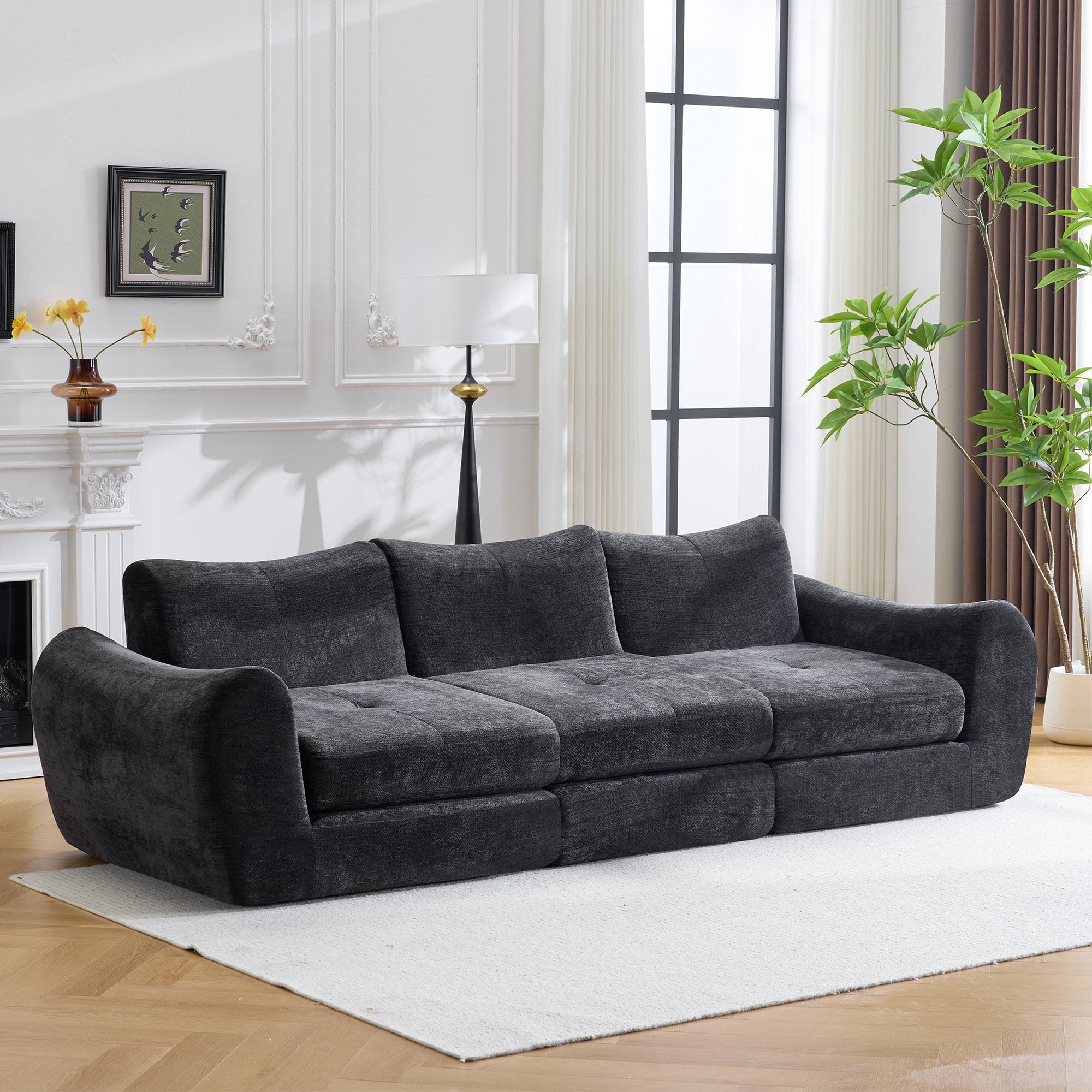 Gewnee Folding Sofa Bed,Modular Convertible Couch with Pillows,Pull Out Floor Couch,Chenille Boneless Futon Bed for Living Room,Bedroom.Black
