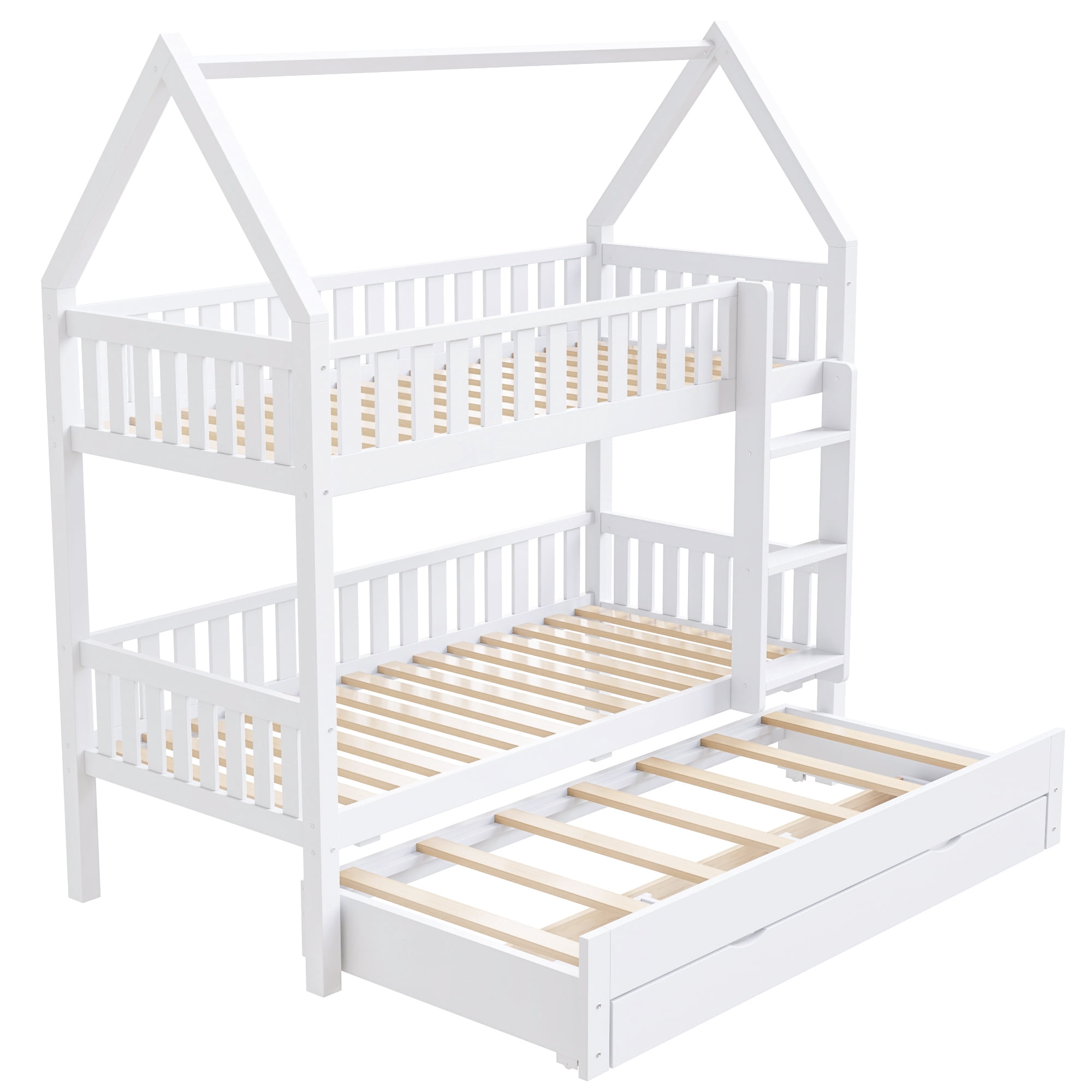 Euroco Wood Twin over Twin Bunk Bed with Trundle and Drawers, White