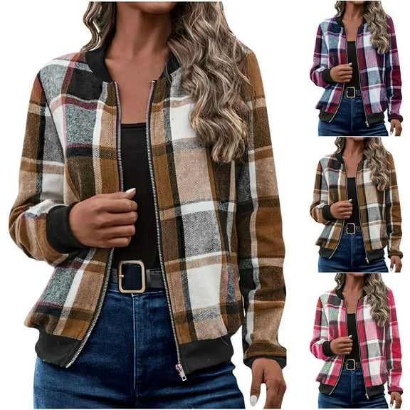 Otntypg Fall Plaid Jackets for Women Lightweight Casual Full Zip up Long Sleeve Cardigan Outwear Coat Trendy Bomber Jacket Tops Brown S