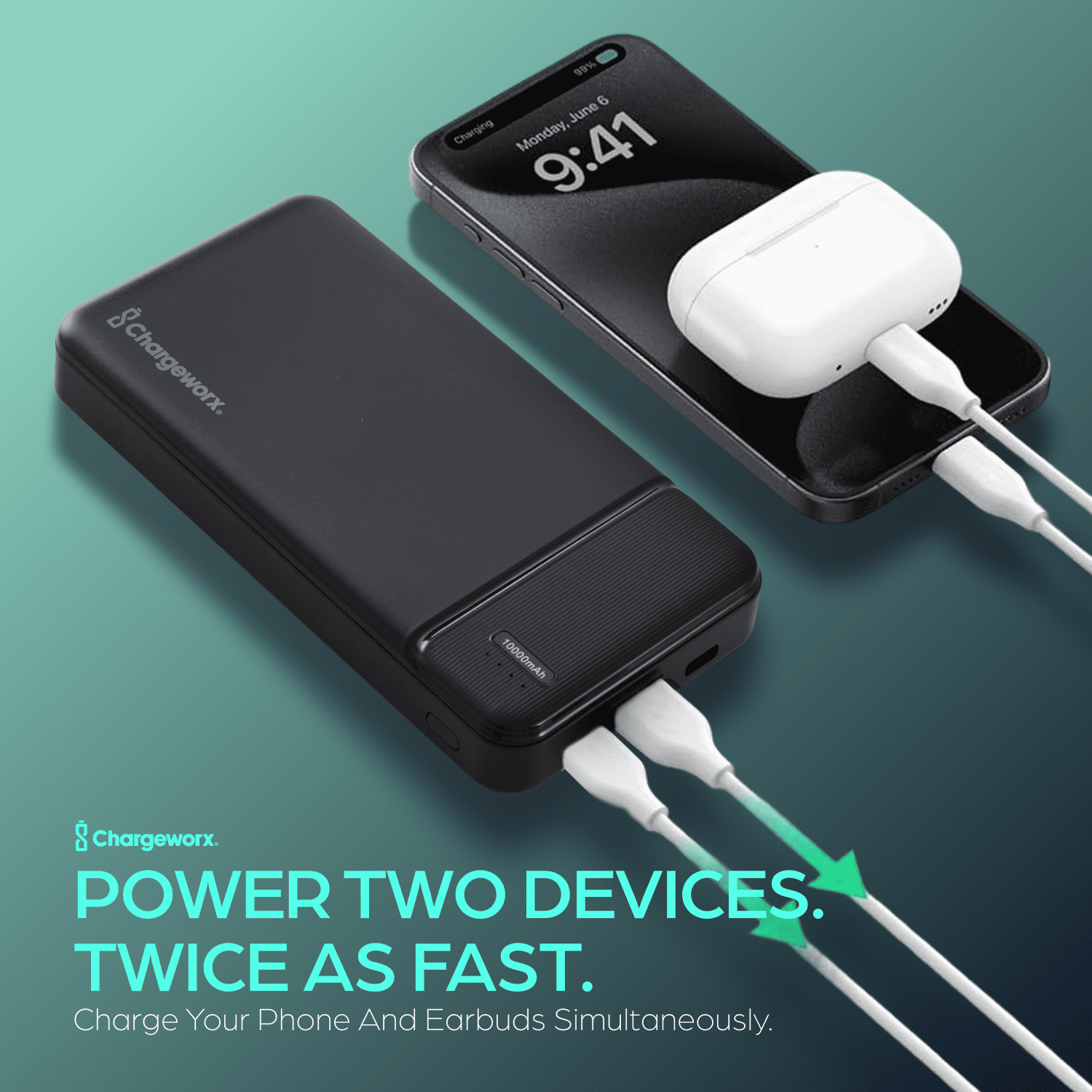 ChargeWorx 10,000mAh Portable Power Bank, 20W PD & QC Fast Charging, USB-C and USB-A Battery Pack with LED Indicator, Smart Device Detection & SafeGuard Protection, Compact Charger for Smartphones