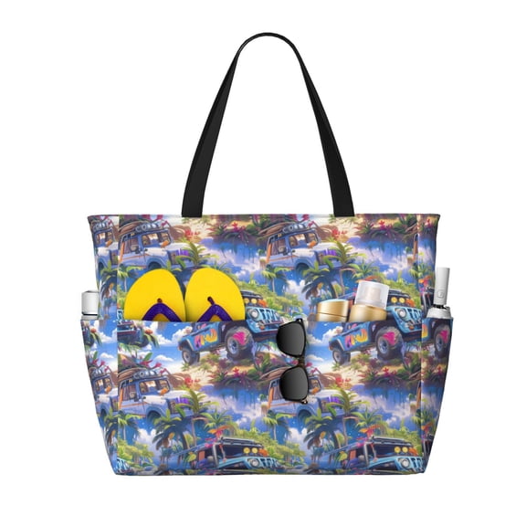 Large Beach Bags Water-resistant Sandproof - coconut tree SUV Cute Beach Tote Bags for Women with Zipper