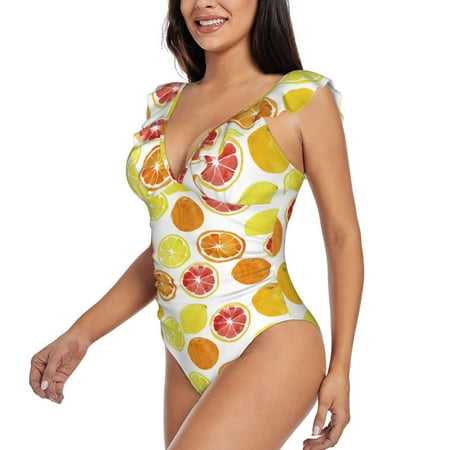 Luyuia Lemon Orange Print Ruffle One Piece Swimsuit for Women  V-Neck Design Tummy Control Removable Padding  Soft Nylon-Like Fabric