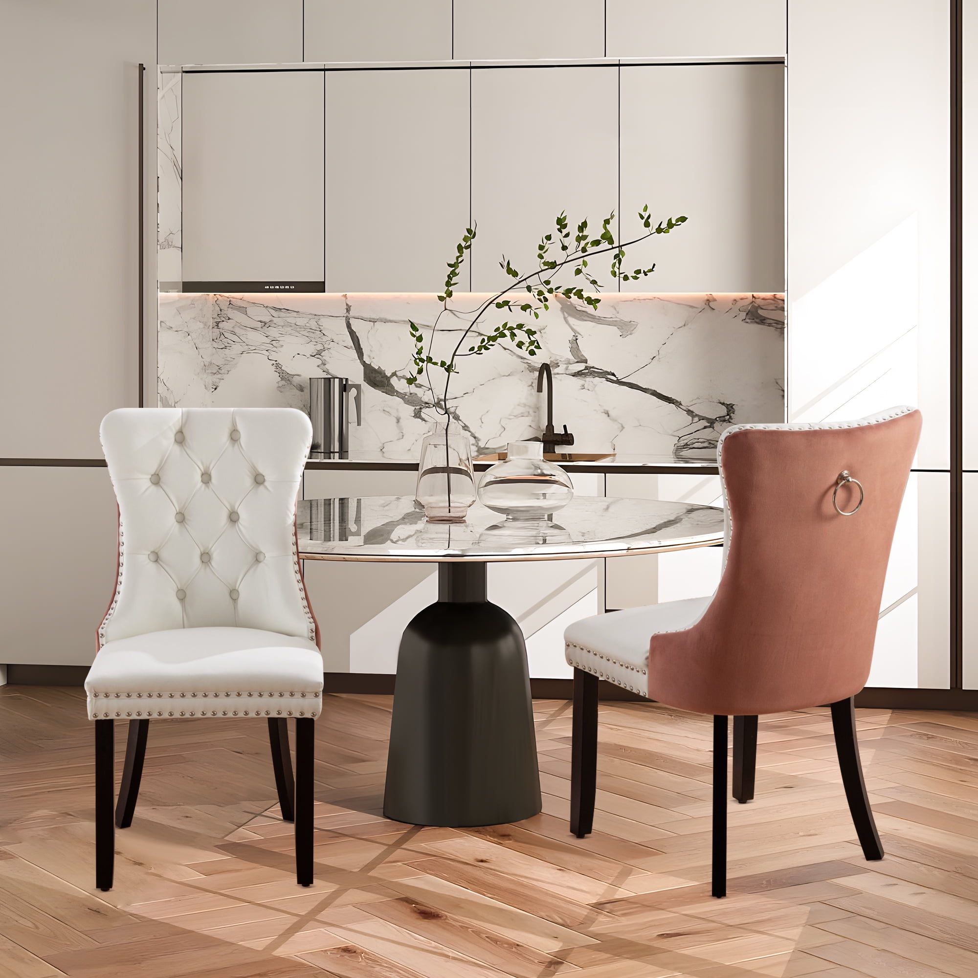 DONICK Velvet White Pink Upholstered Dining Chairs Set of 6, Kitchen & Dining Room Chairs Nailheads Tufted Soft Solid Wood Frame