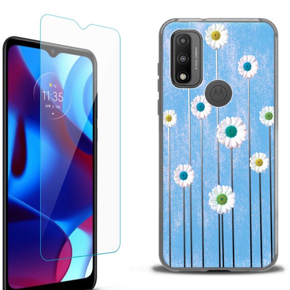 Slim-Fit Protective Phone Case (Black) compatible with Motorola Moto G Pure 5G, with Tempered Glass Screen Protector, by OneToughShield ® - Daisy Sky