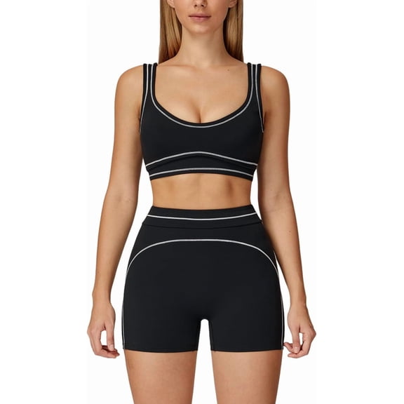 PISONIC Two Piece Workout Sets for Women Color Block Sports Bra and High Waist Shorts Gym Yoga Active Wear Outfits