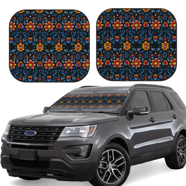 Balery Mexican Flower Parasol para parabrisas de coche de 2 piezas | Parasol plegable para parabrisas delantero de coche para la mayoría de sedanes-Medium