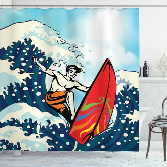 Ambesonne Surf Shower Curtain, Summer Cartoon Surfing Boy, 69"Wx75"L, Multicolor