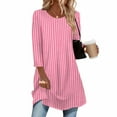 thumbnail image 4 of successthop Womens Shirts Curved Hem 3/4 Sleeve Tunic Top Long Crewneck Pullover Sweater Stripe Fall Winter Clothes Pink, 4 of 6