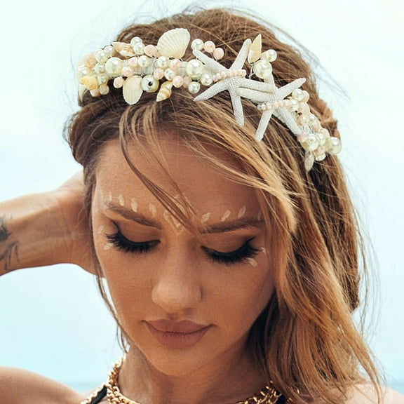 Starfish Bride Wedding Headband Silver Pearl Seashell Headpiece Beach Bridal Hair Accessories for Women and Girls