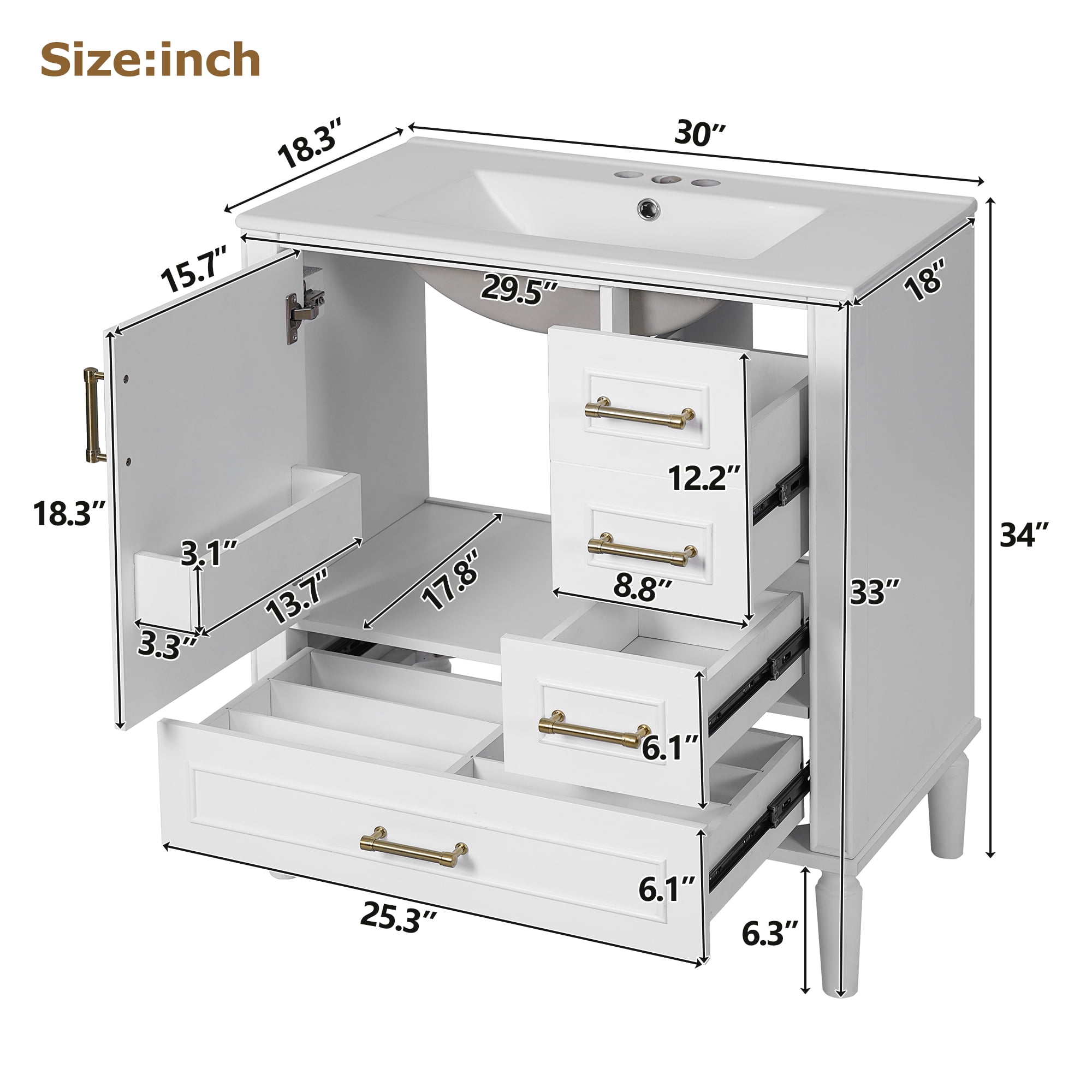 30" Bathroom Vanity with Ceramic Sink, Soft-Close Door with Built-in Shelf, Deep Drawer, Standard Drawer, Long Divider Drawer, Ample Storage Cabinet for Bathroom
