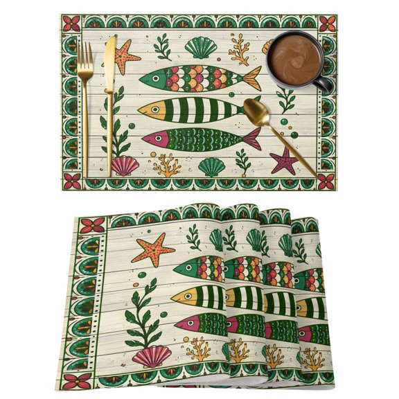 Green Nautical Fish Placemats Set of 6 Starfish Coastal Coral Seashells Place Mats Table Mats Kitchen Dining Home Outdoor Party Table Decoration