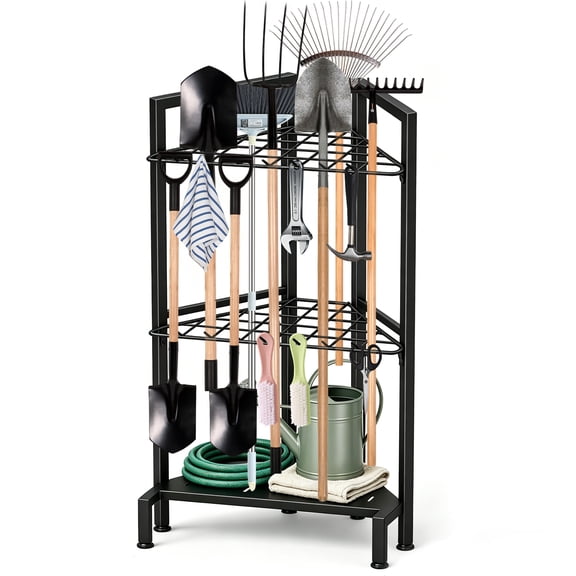 WEEUSE Garden Tool Organizer, Heavy Duty Metal Yard Tool Tower Rack with 34 Storage Slots & 14 Hooks for Garage Organization and Storage