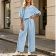 thumbnail image 6 of Uootdi Women's 2 Piece Matching Lounge Set Puff Sleeve Peter Pan Collar Button Top Drawstring Wide Leg Linen Pants Set with Pockets, 6 of 7