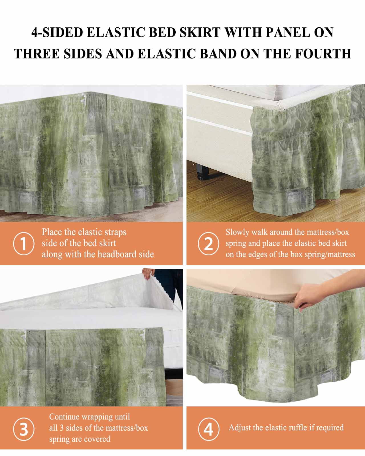 Sage Green Wrap Around Bed Skirts for King Bed 16" Drop,Bed Skirt with Adjustable Elastic Belt Dust Ruffle Bed Valance for Bedroom Retro Oil Painting Modern Abstract Art Aesthetics Bed Frame Cover