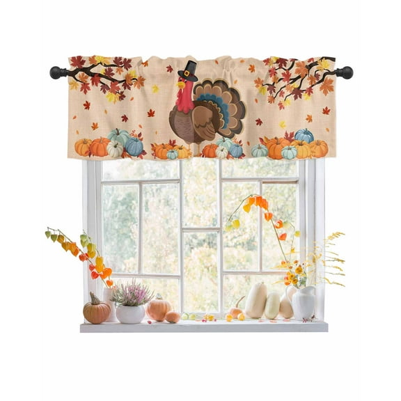 Valances for Windows, Thanksgiving Turkey Fall Pumpkin Maple Leaf Farmhouse Retro Rod Pocket Short Window Valance Curtains Holiday Window Treatment for Kitchen Living Room Bathroom, 42"x12"