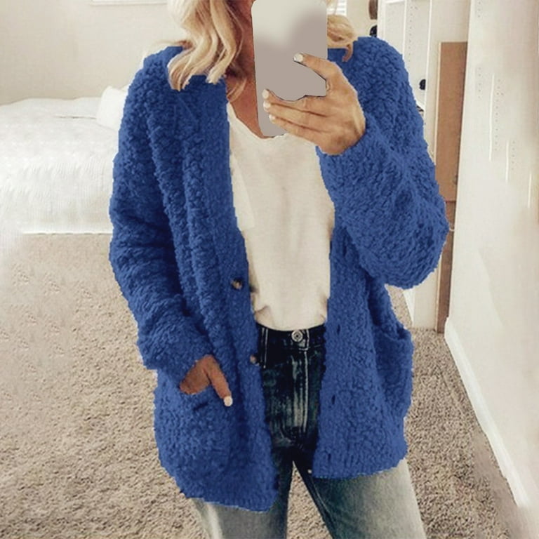 ALSLIAO Womens Long Sleeve Fleece Fluffy Cardigan Sweater Pocket Coat  Jacket Oversize Dark Blue3XL 