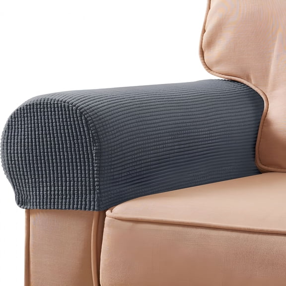 AUQ Stretch Couch Arm Covers Set of 2,Checkered Sofa Arm Slipcovers,Anti Slip Armrest Covers for Recliner and Armchairs,Pet Proof,High Stretchy,Hook & Loop Tape,Gray