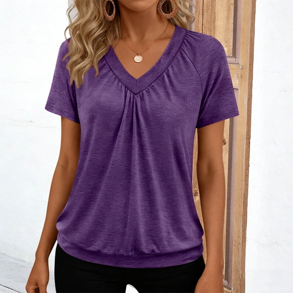 Xdegoge T-Shirt for Women V Neck Short Sleeve Pleated Front Design Raglan Sleeve Casual Loose Fit Soft Breathable Solid Color Comfy Everyday Basic Summer Going Out Pullover Tops