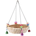 thumbnail image 1 of Juguete para loros, nido para loros, nido de paja natural tejido a mano con 4 campanas de metal, columpio para pájaros, loro posado, 1 of 8