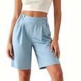 thumbnail image 4 of CQONEPT Women's Casual Bermuda Shorts Elastic Waist Wide Leg Knee Length Summer Shorts with Pockets Light Blue S, 4 of 6