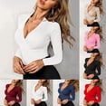 thumbnail image 3 of Women V Neck Long Sleeve High Strecth Ribbed Wrap Slim Fit Solid Casual Tops, 3 of 7