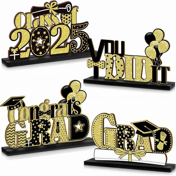 WMGHA Graduation Party Decorations, 4 Pieces Class of 2025 Grad Congratulate Wooden Centerpieces, Table Toppers for High School College Graduation Party Prom Favor Supplies Photo Booth Props