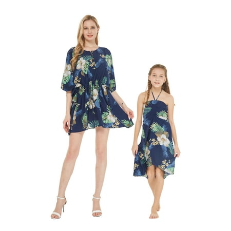 

Mother & Daughter Matching Hawaii Luau Poncho Dress Girl Halter in Wispy Cereus Black