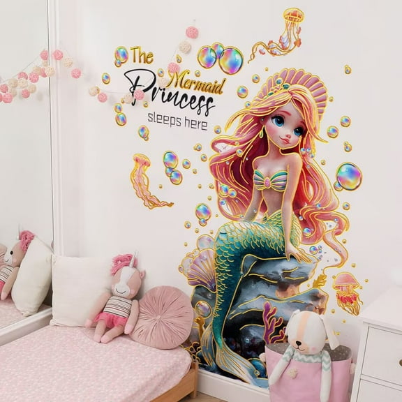 Marine Mermaid Girl's Bedroom Wall Decals Stickers Wall Stickers Peel and Stick Removable Wall Stickers for Kids Nursery Bedroom Lovely Bathroom Living Room