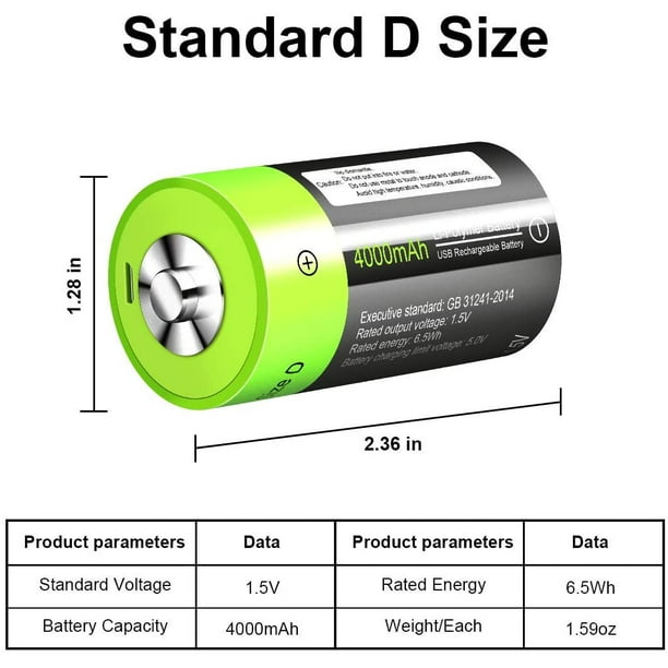 SAYDY Batteries Rechargeables au Lithium D USB - 1.5V / 4000mAh (2