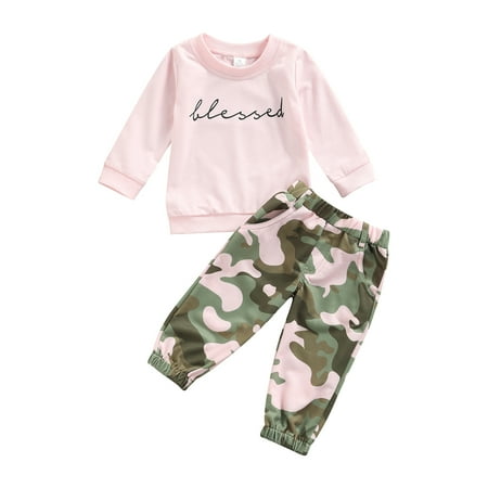 

Herdignity Toddler Baby Girl Fall 2Pcs Set Letter Print O-Neck Long Sleeve Tops Camouflage Long Pants