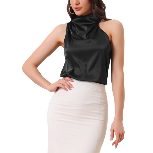 INSPIRE CHIC Haut Satin Col Halter Femme Élégant Sans Manches Été Noir P