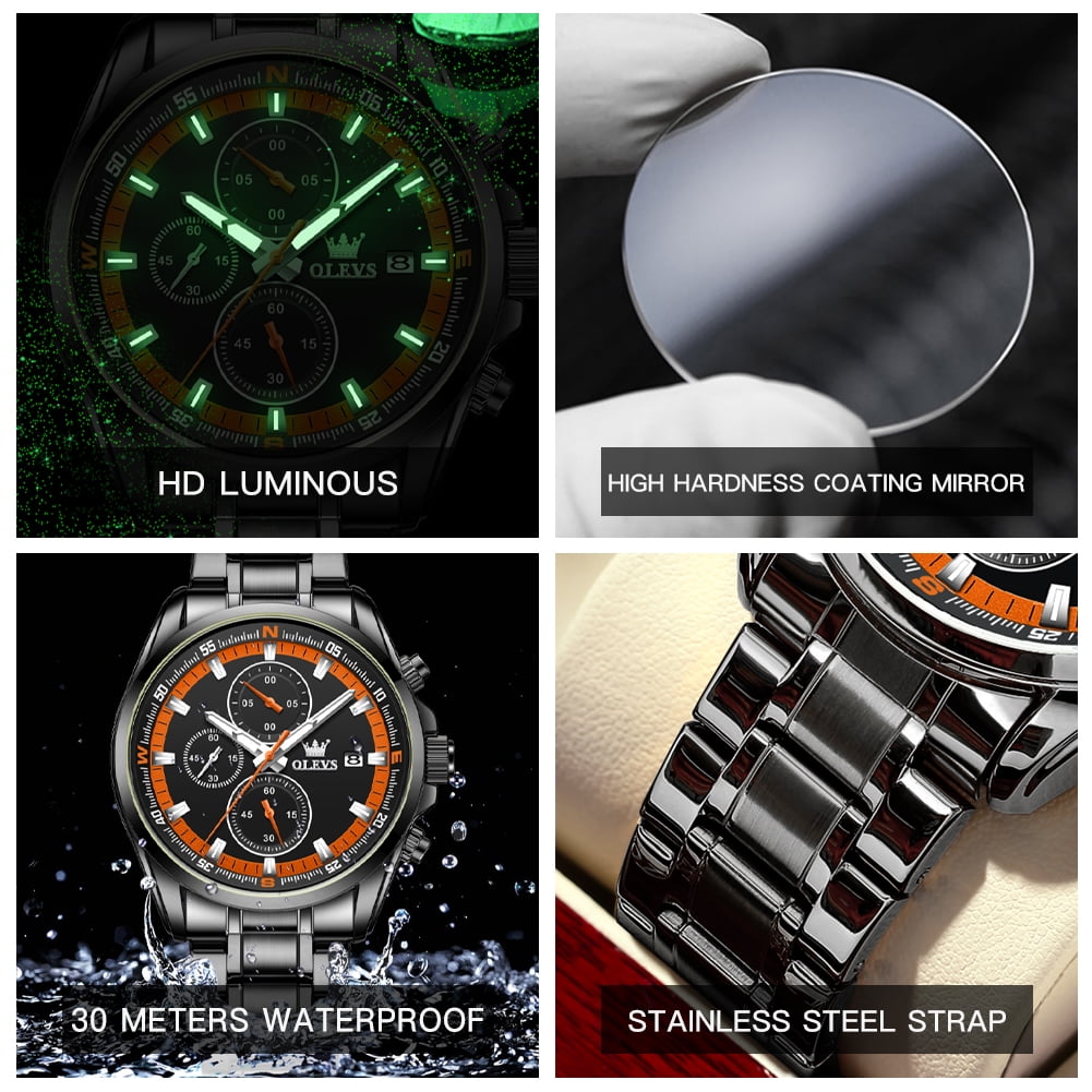 OLEVS Mens Watches,Big Dial Watches for Men Chronograph Stainless Steel Watch with Day Waterproof Analog Quartz Watches for Man Classic Business Wristwatch Luxury Luminous Reloj para Hombre