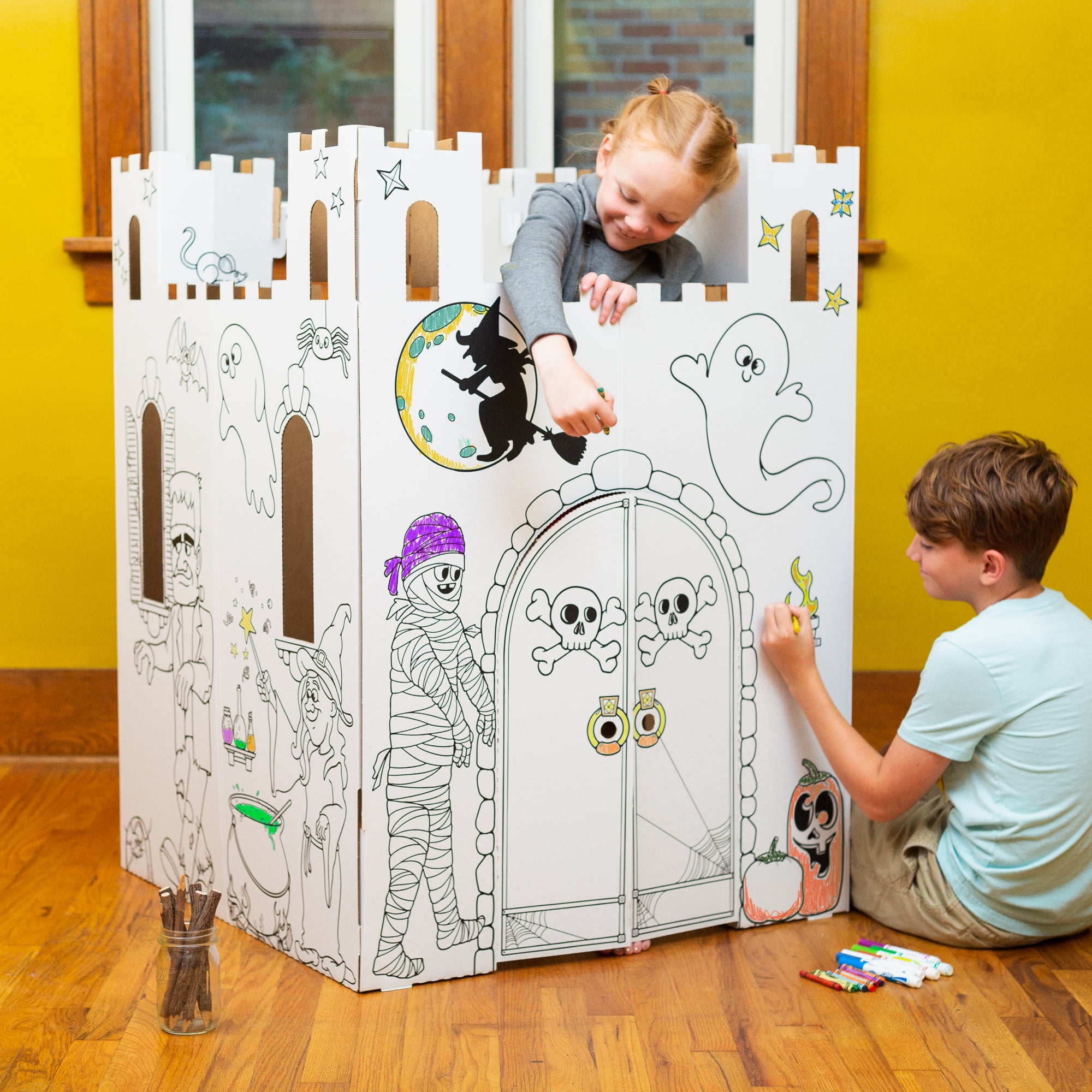 Easy Playhouse Haunted Castle - Kids Art & Craft for Indoor & Outdoor Fun, Color, Draw, Doodle on Halloween Friends– Decorate & Personalize a Cardboard Fort, 32" X 32" X 43. 5", Age 3+