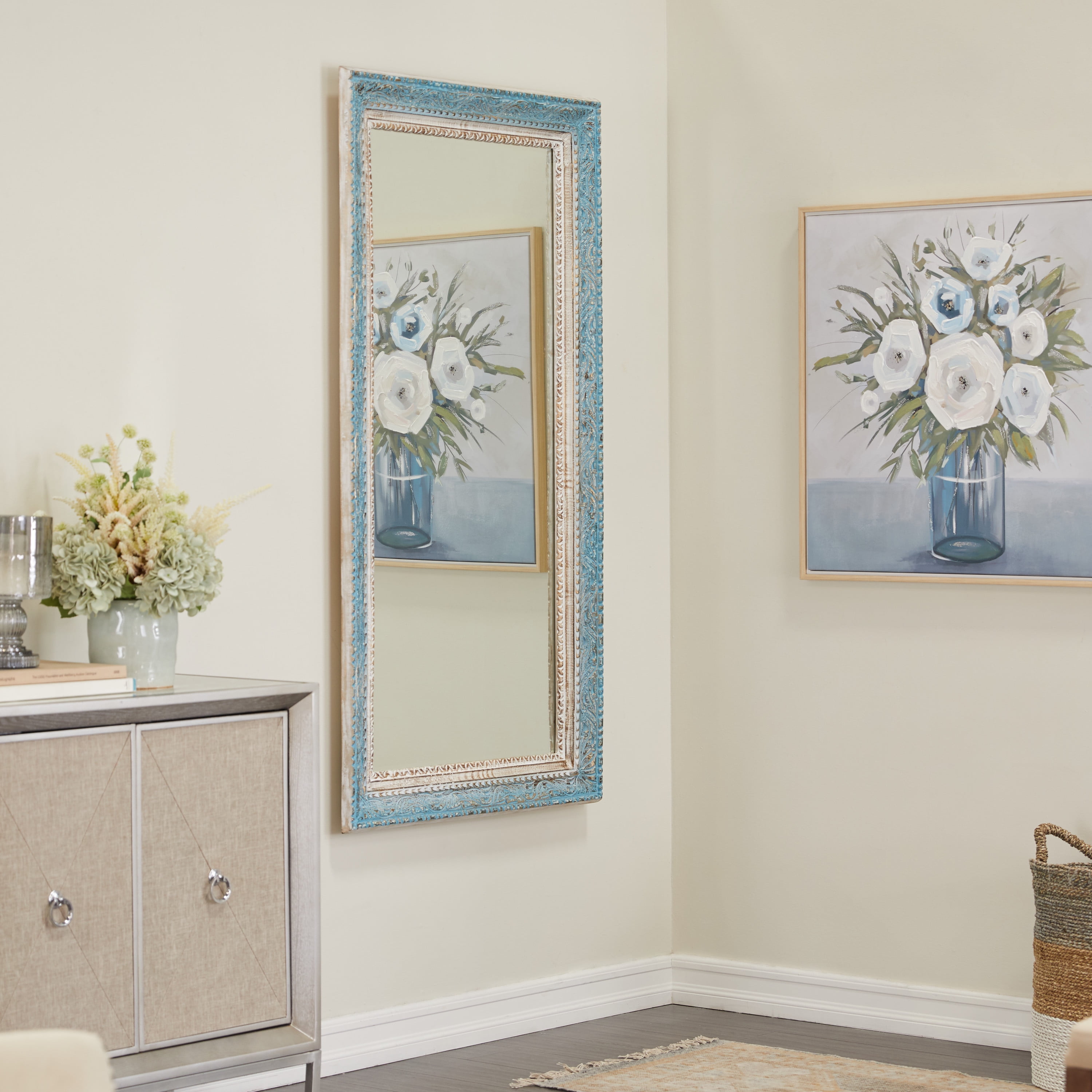DecMode 32" x 60" Blue Carved Floral Wall Mirror
