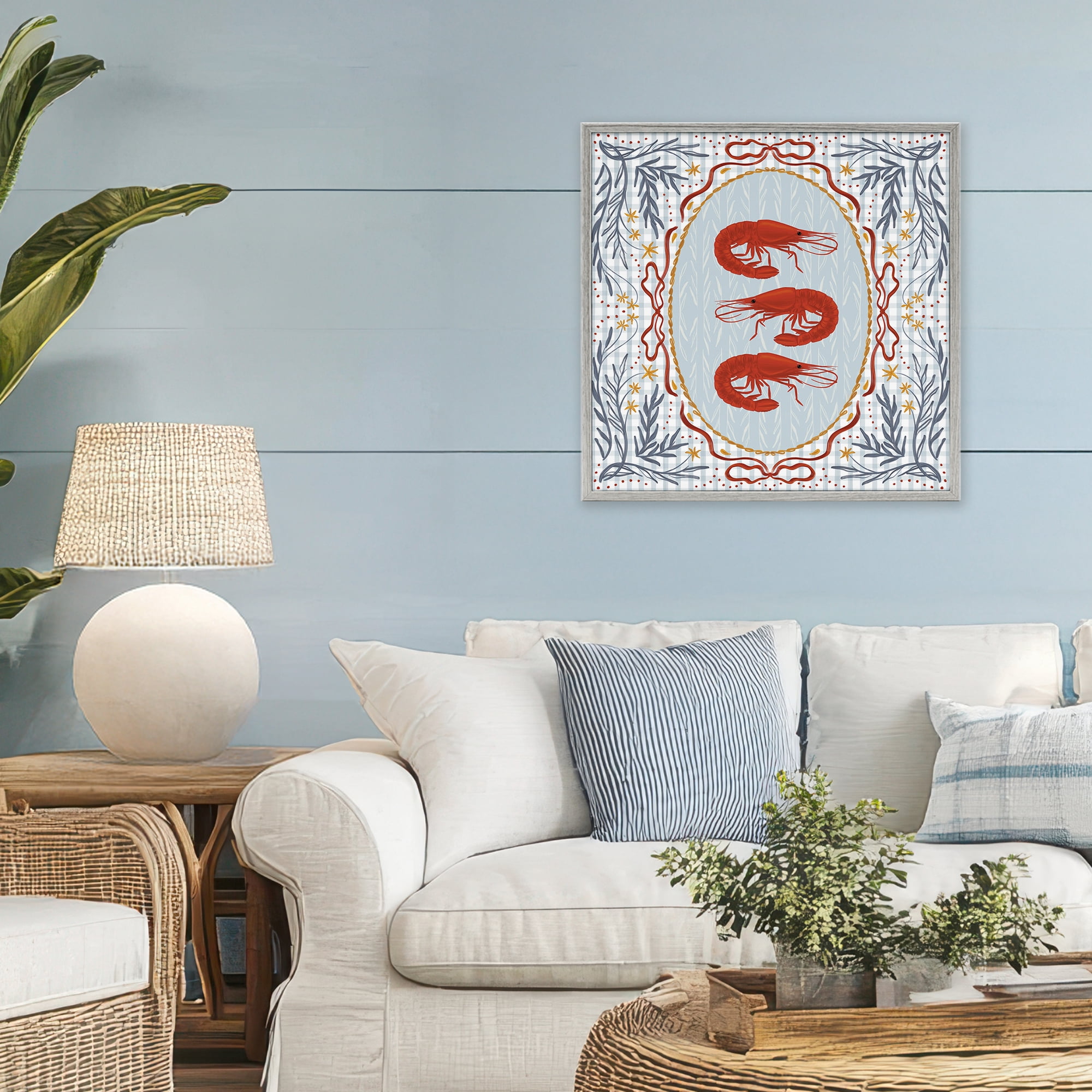 Stupell Industries Prawn Trio on Blue Gingham Gray Framed Giclee Art, design by Vero Illustrates