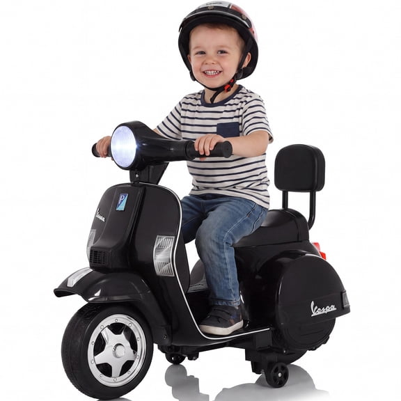 Arlopu Licensed Vespa Kids Motorcycle, Ride on Power Toys with Training Wheels, Black