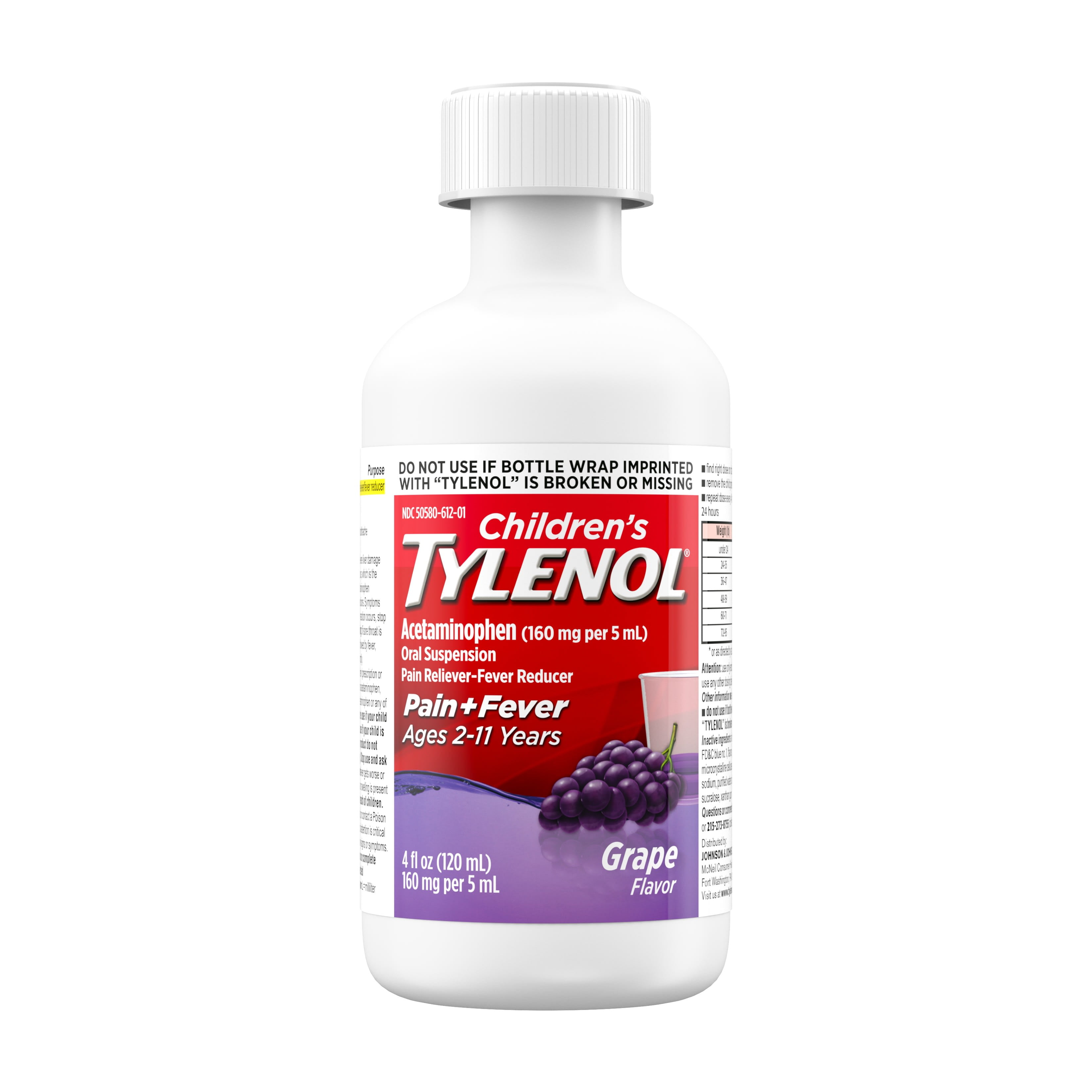 Children's Tylenol Pain + Fever Relief Cold Medicine, Grape, 4 fl. oz