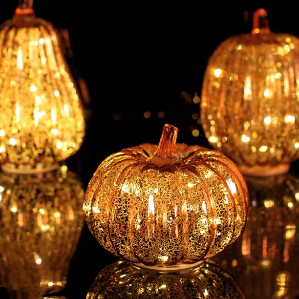 Linterna LED con forma de calabaza y temporizador | Calabaza de cristal luminosa para decoración de otoño y Halloween | Luz nocturna LED a pilas para decoración del hogar en temporada