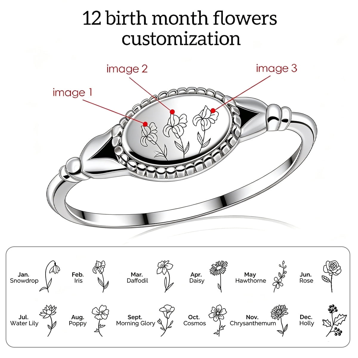 PhaedraOona Custom 12 Birth Month Flower Ring - Personalized 12 BirthFlowers & Birthstones Family Heirloom Flower Rings Silver/320L Stainless Steel Mother's Day Jewelry Gifts for Mom