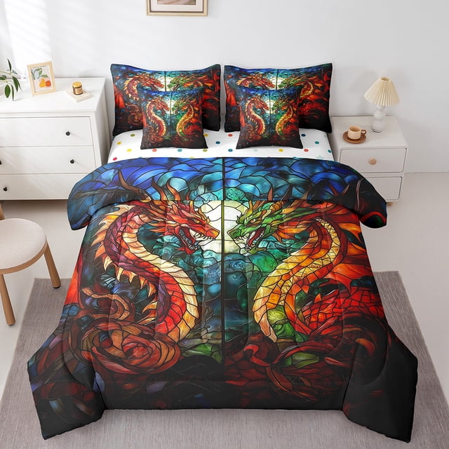 Erosebridal Parure de Lit Animal Dragon Magique Taille Très Grand, Ensemble de Couette Faune Rétro, Réversible 7 Pcs